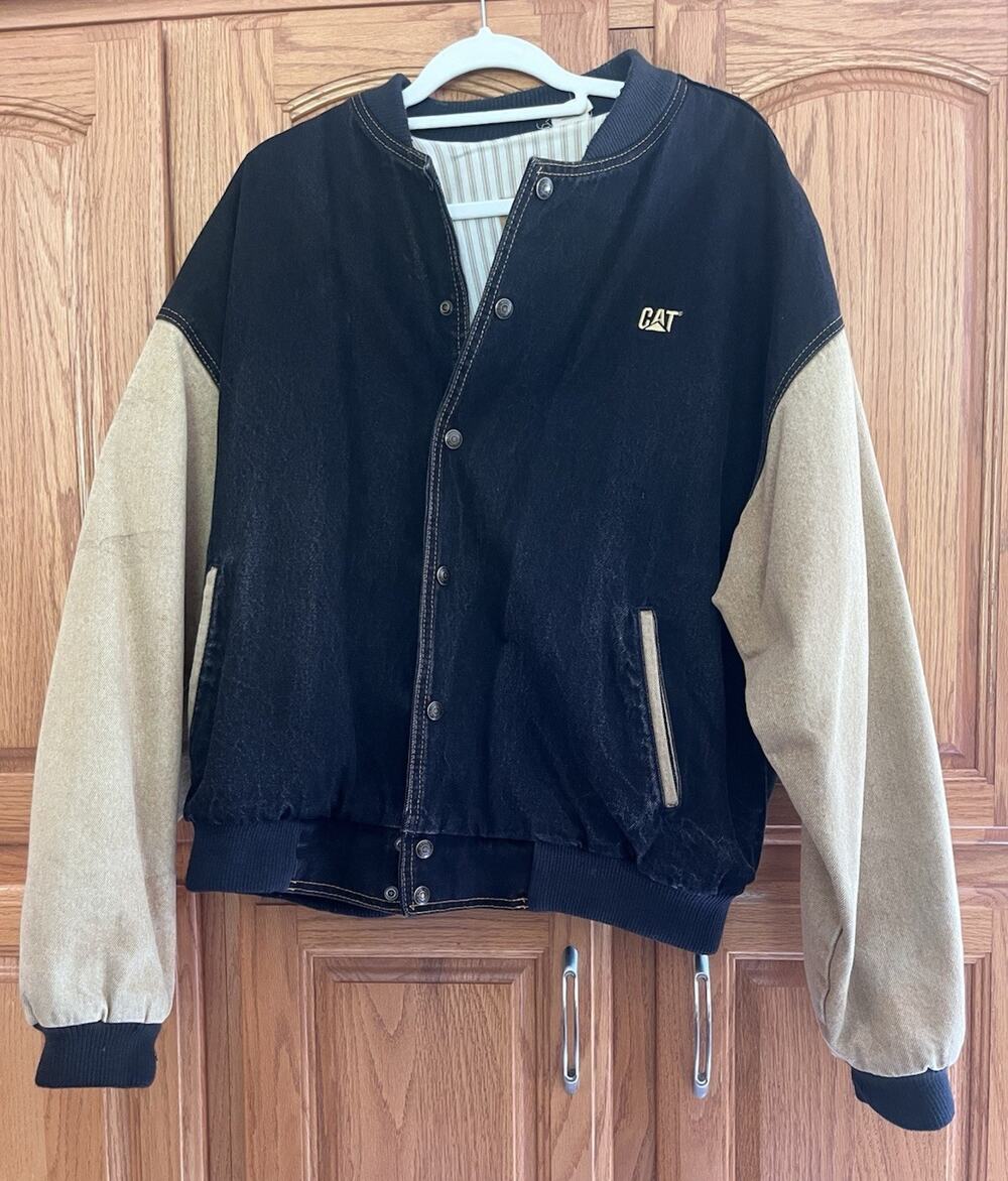 CAT Construction Denim Men’s Jacket XL Black/Beige Snap Front Lined Pockets